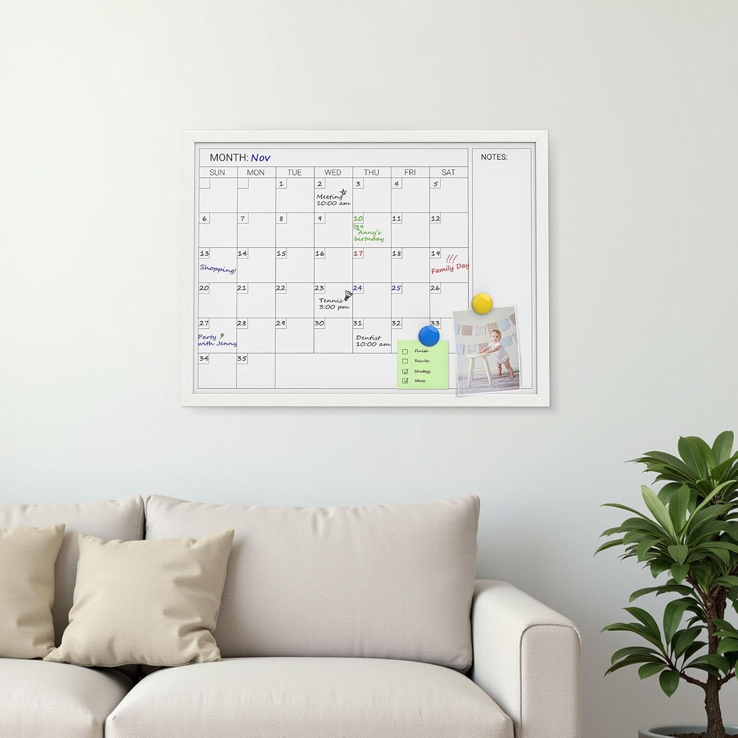 Comix Dry Erase Calendar for Wall, Magnetic Calendar Whiteboard with White Wood Frame, 24 * 18 inches Decorative Planner Board for Office, Kitchen, School, Home