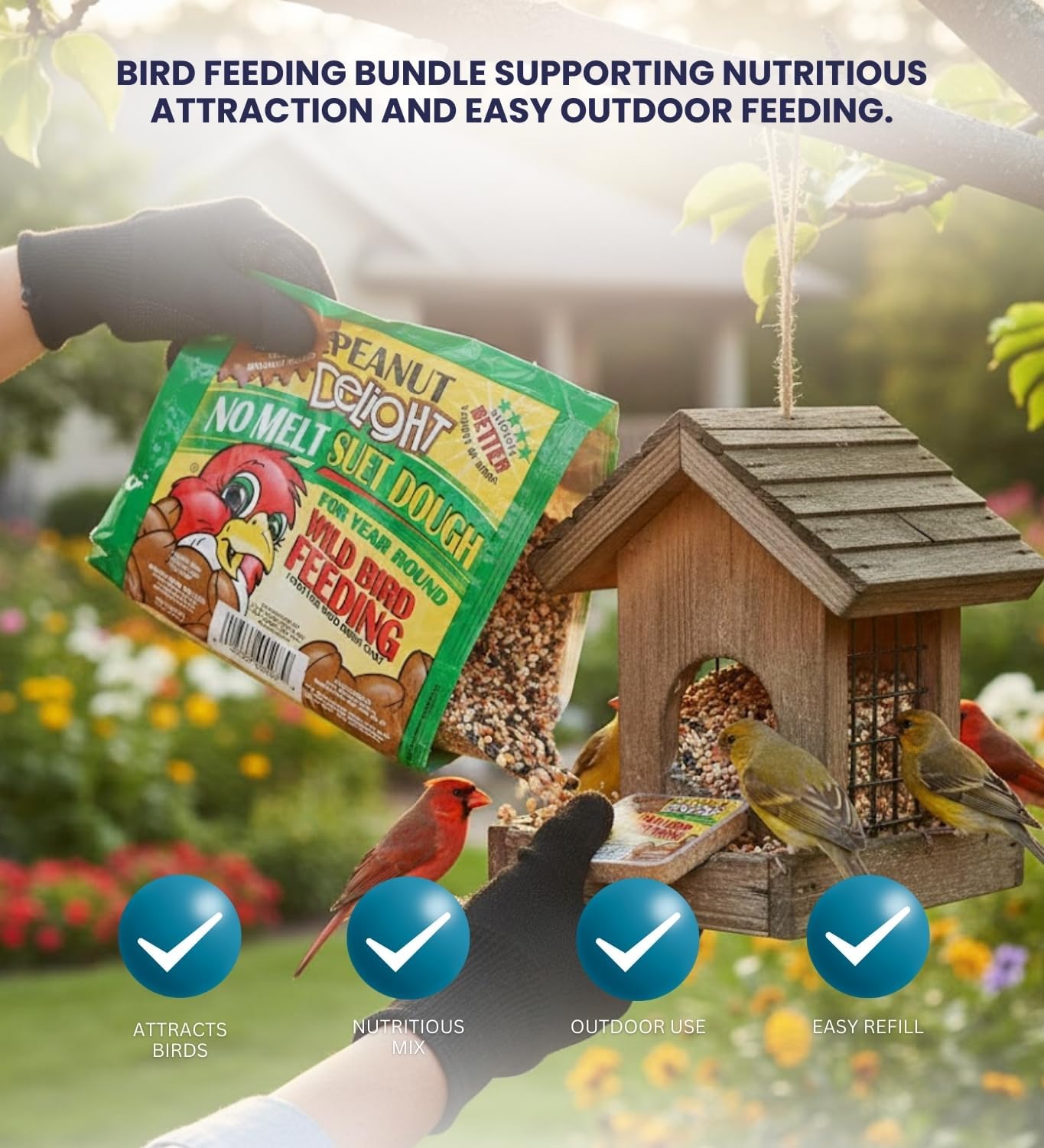 Wild Delight Nut N Berry Wild Bird Food 20 lb Bundle with 1x Peanut Delight Suet 11.75 oz and Work Gloves for Outdoor Bird Feeding Variety — Gift Set (3 Items)