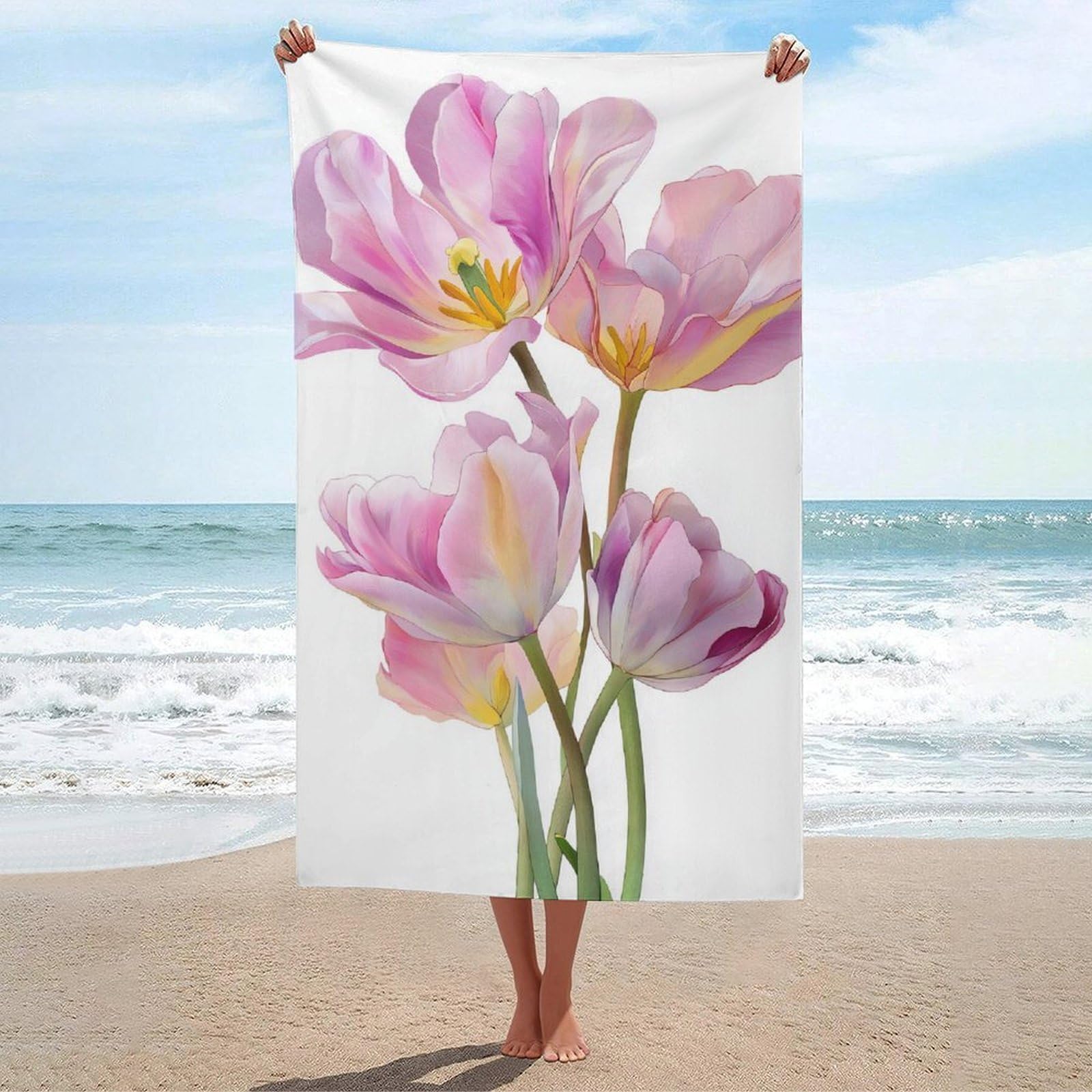 asbwuo Tulip Flower Light Pale Pink Blush Watercolor Beach Towel
