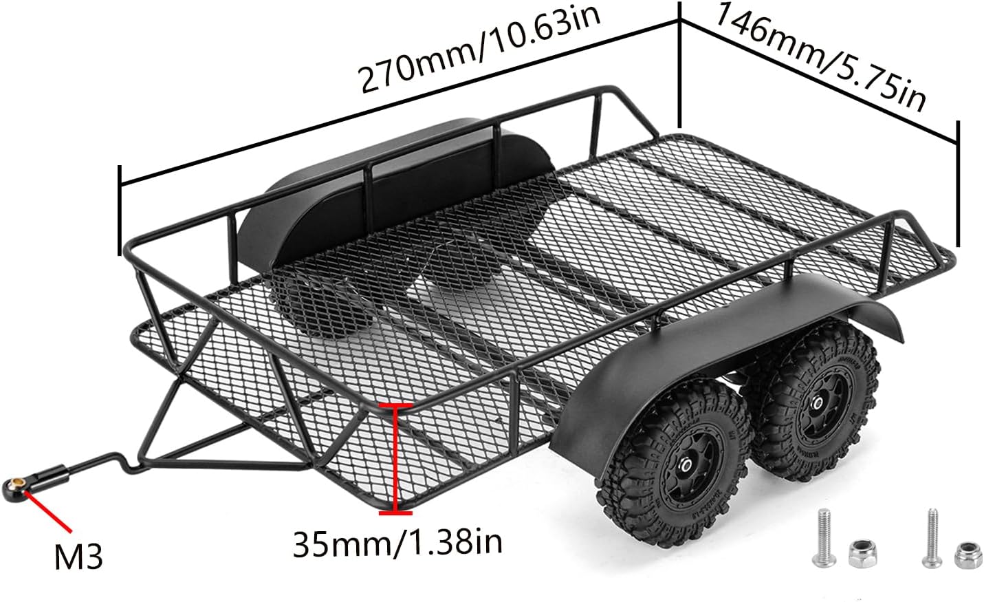 INJORA RC Trailer for Hauling Behind Car - Metal Hitch Mount Trailer for 1/18 RC Crawler TRX4M Defender Bronco K10 High Trail F150, 543g/each