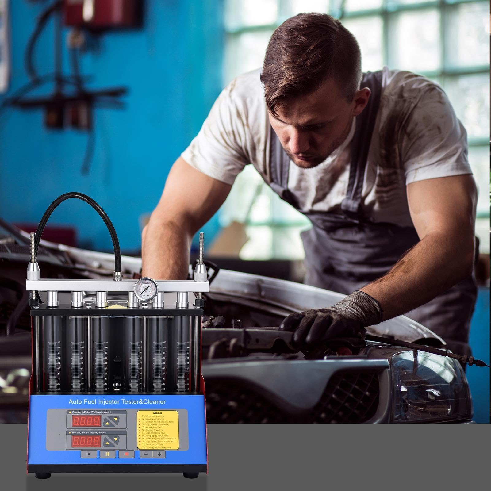 Injector Cleaner Kit,6 Cylinder Ultrasonic Injector Machine - 110V Automotive Injector Cleaner with Testing Functions for Vehicles