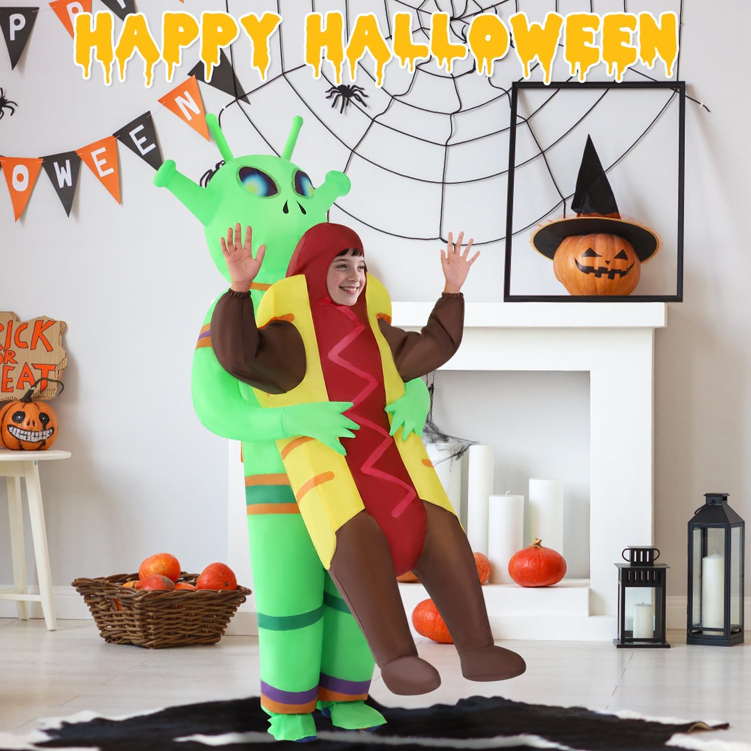 Inflatable Alien Costume Kids, Funny Halloween Costumes for Kids, Hot Dog Alien Halloween Costume for Halloween Fancy Party Cosplay, Children's Universal Size Green - Image 7