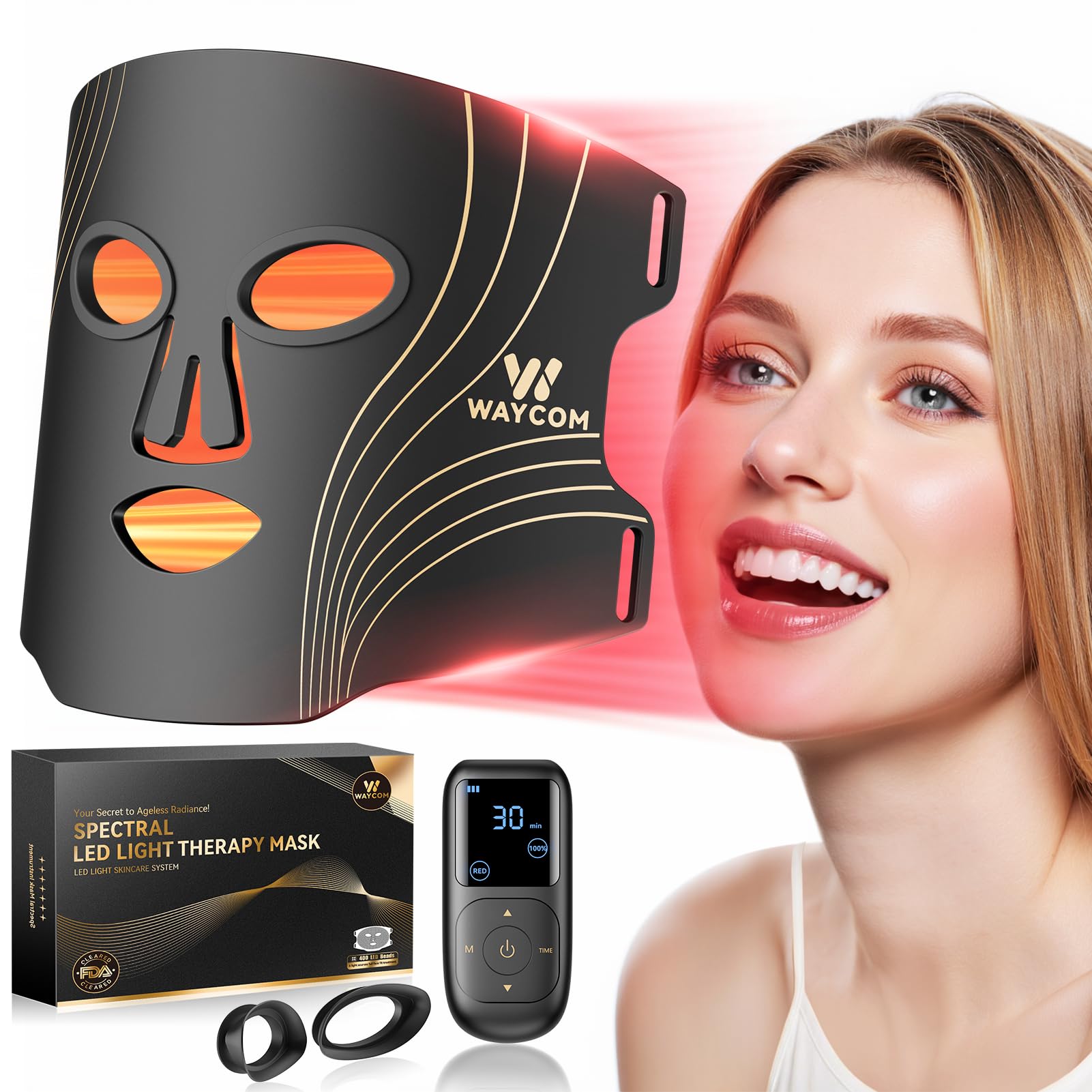 WAYCOM Red Light Therapy Mask 400 Beads Portable Light Therapy for Face - 4-Modes Portable 850NM Infrared Red