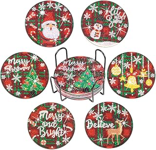 Praise V Do 6Pcs Diamond Painting Coasters Kit with Holder Cork Base, DIY Christmas Coasters Diamond Painting Kit for Beginners, Adults DIY Diamond Art Craft for Housewarming Apartment Bar Décor