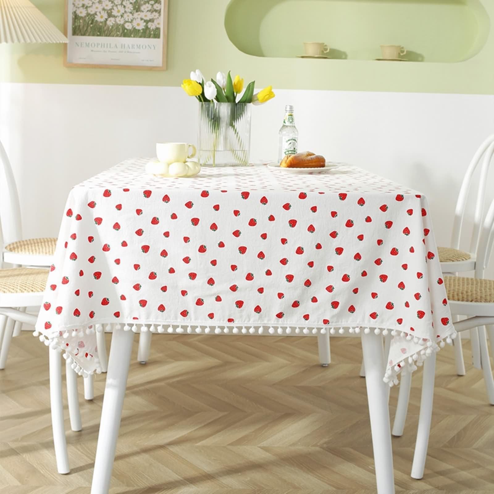 Manteles de mesa bohemios para sala de estar, manteles de tela con estampado de fresas, bonitos manteles blancos modernos de mediados de siglo, de algodón, 87 x 55 pulgadas