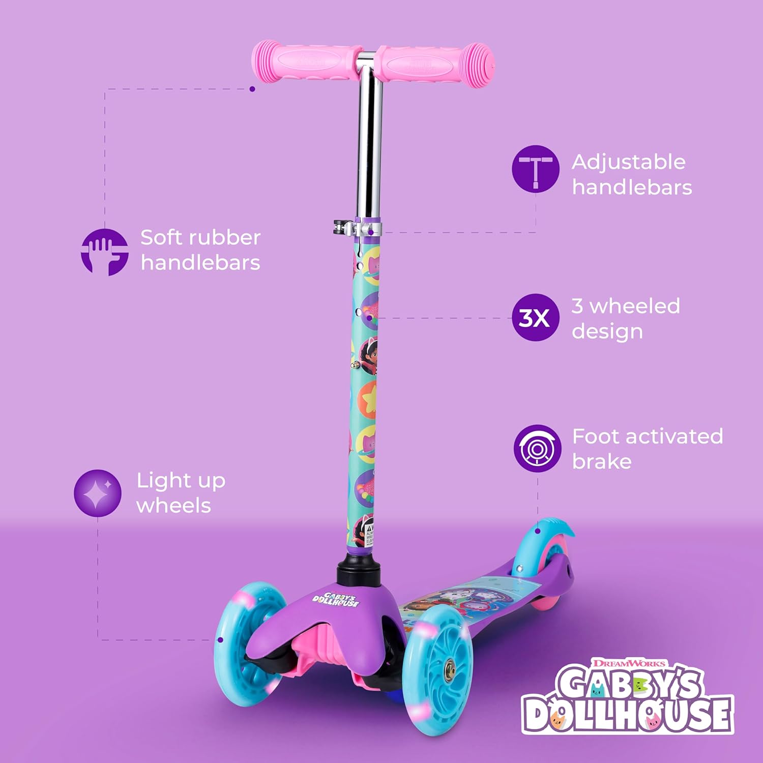 Self Balancing Kick Scooter with Light Up Wheels, Extra Wide Deck, 3 Wheel Platform, Foot Activated Brake, 75 lbs Limit, Kids & Toddlers Girls or Boys, for Ages 3 and Up