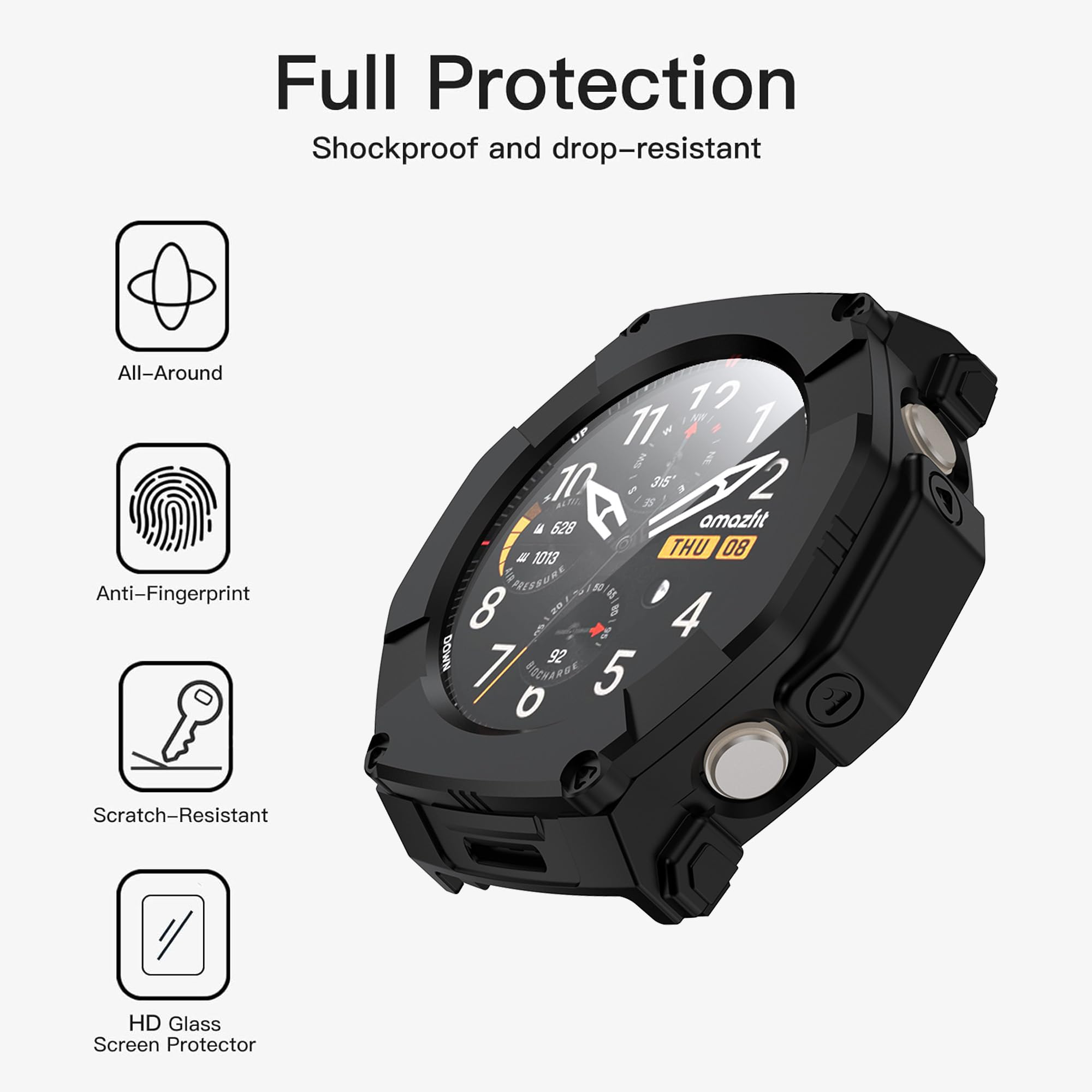 Effcotuo 2 sztuki etui do Amazfit T-Rex Ultra 2 Case z folią ochronną na wyświetlacz etui na telefon komórkowy ze szkła pancernego pełna ochrona przed folią TPU Komp hartowane etui odporne na