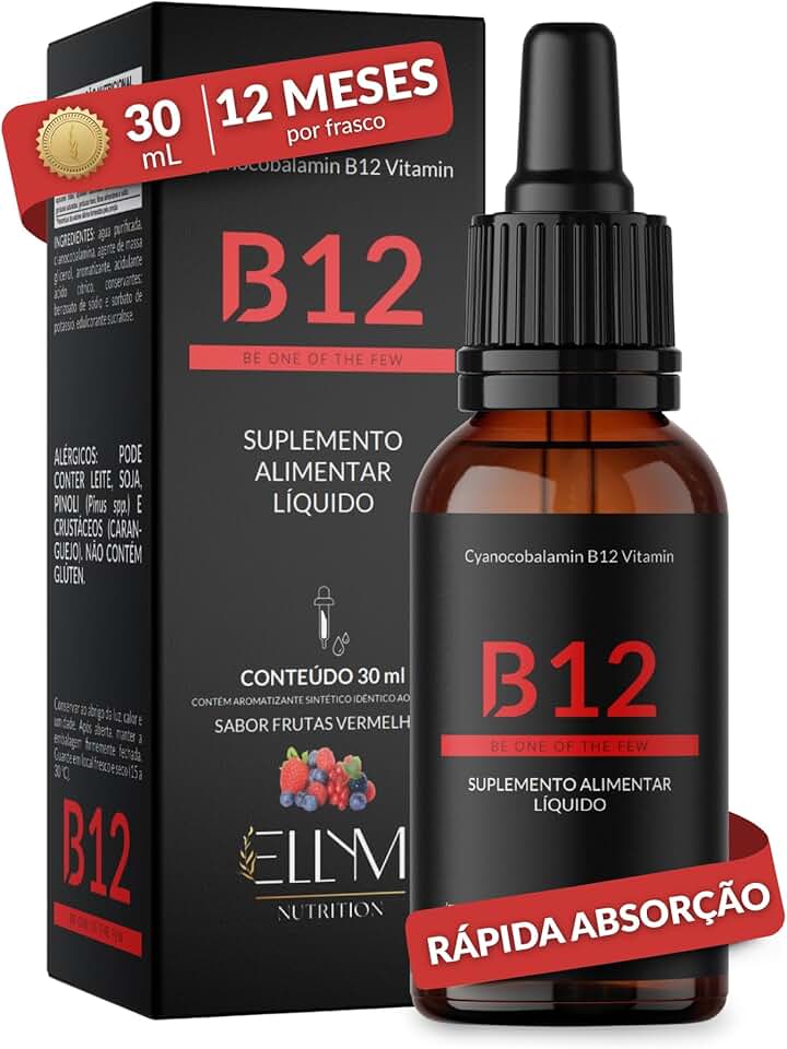 Vitamina B12 Sublingual em Gotas ELLYM NUTRITION Sabor Frutas Vermelhas Auxilia no Funcionamento do Sistema Imune e Metabolismo Energético (30 mL)