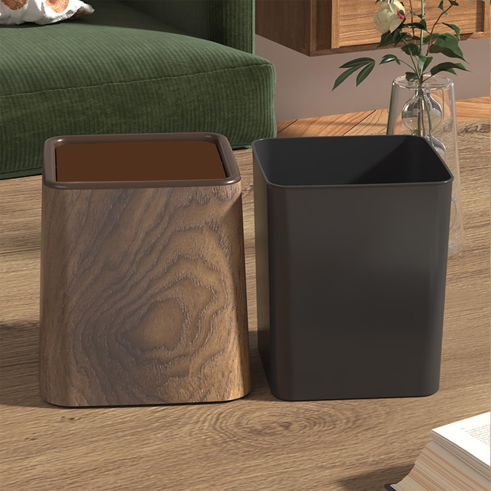 Mini-déchets Can 5,79 pouces PP Small Desk Bin avec conception de grains en bois rétro et couvercle