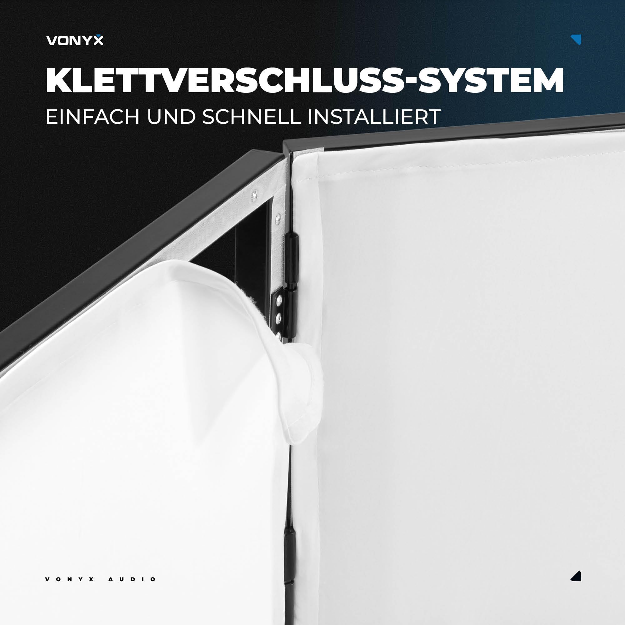 Vonyx DB2 DJ Screen, Verkleidung für DJ Pult zusammenklappbarer und mobiler DJ Stand, 280cm x 120xm, Booth, mit integrierter Leinwand für ein professionelles Bühnenbild, Weiß