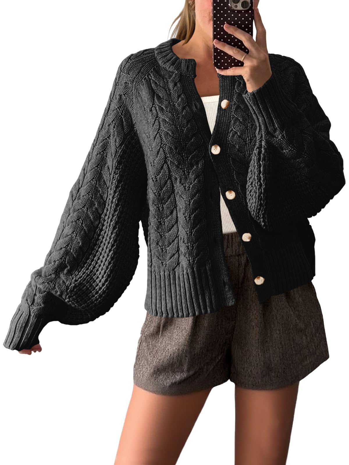 Saodimallsu Womens Cable Knit Cardigan Sweaters Button Up Crew Neck Long Sleeve Loose Fall Trendy Sweater Coats