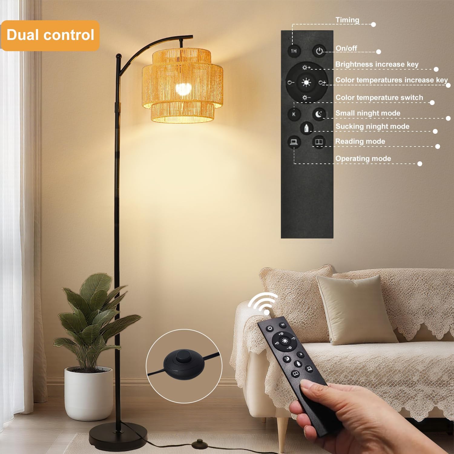 Vinaco Adjustable Height Floor Lamp Rattan 3 Color Temperature,Dimmable Tall Boho Floor Lamps with Remote & Foot Switch, Rotating Lamp Shade Wicker Arc Standing Lamp for Living Room Bedroom Lights