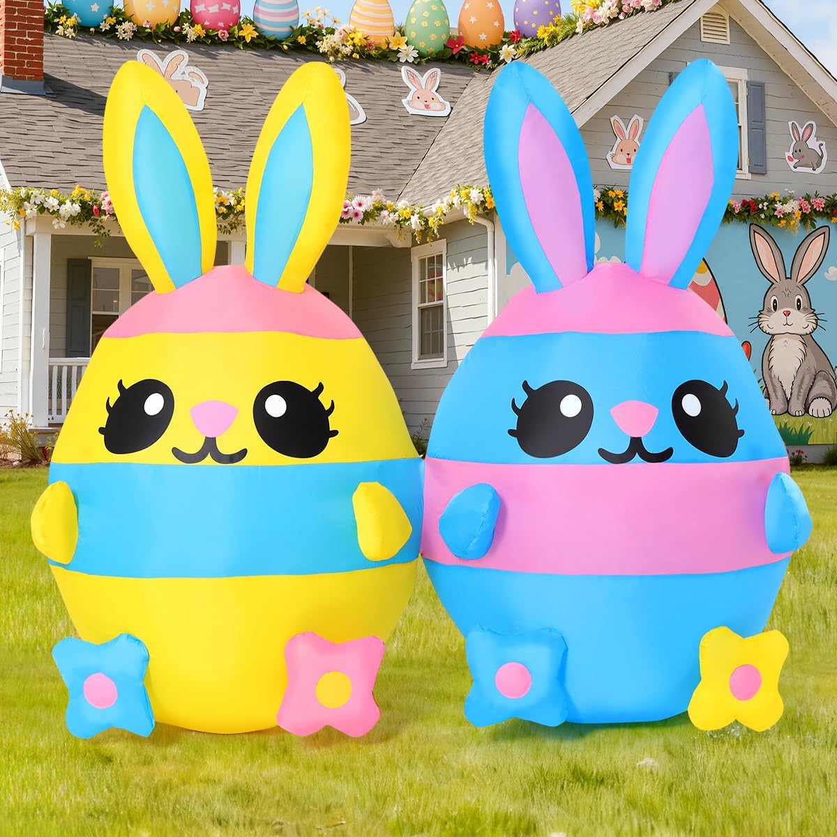 COMIN Easter Inflatables Outdoor Decorations, 4.1 FT Long Inflatables Rabbit Eggs, Built in LED Lights Easter Blow Up Yard Decorations for Indoor Outdoor Party Garden Lawn Holiday Decor