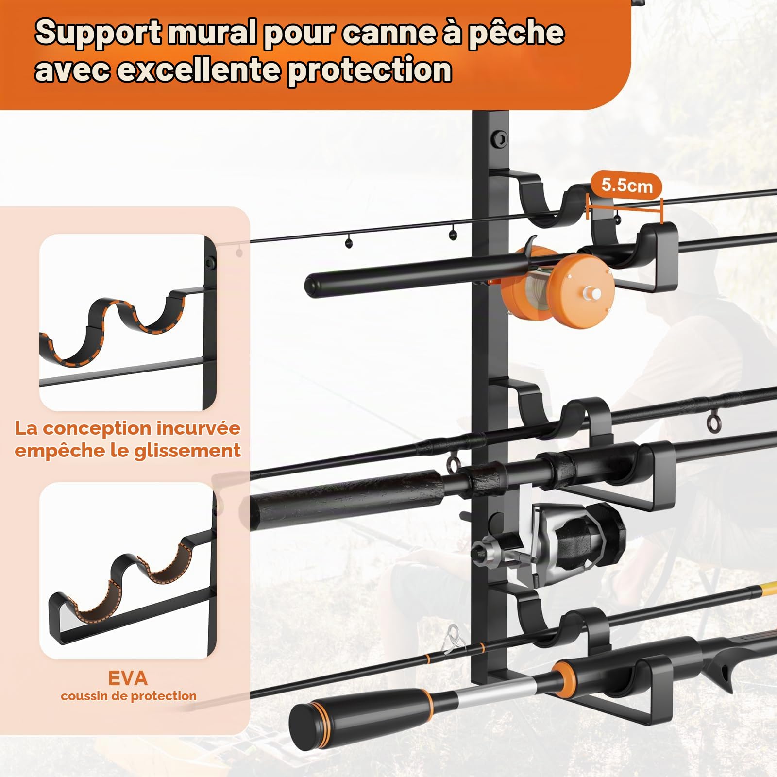 Bikoney Porte Canne à Pêche Mural pour Garage, Support Horizontal pour 6 Cannes avec Crochets et Panneau Perforé, Organisateur de Rangement de Pêche, Idée Cadeau pour Hommes Pêcheurs Papa
