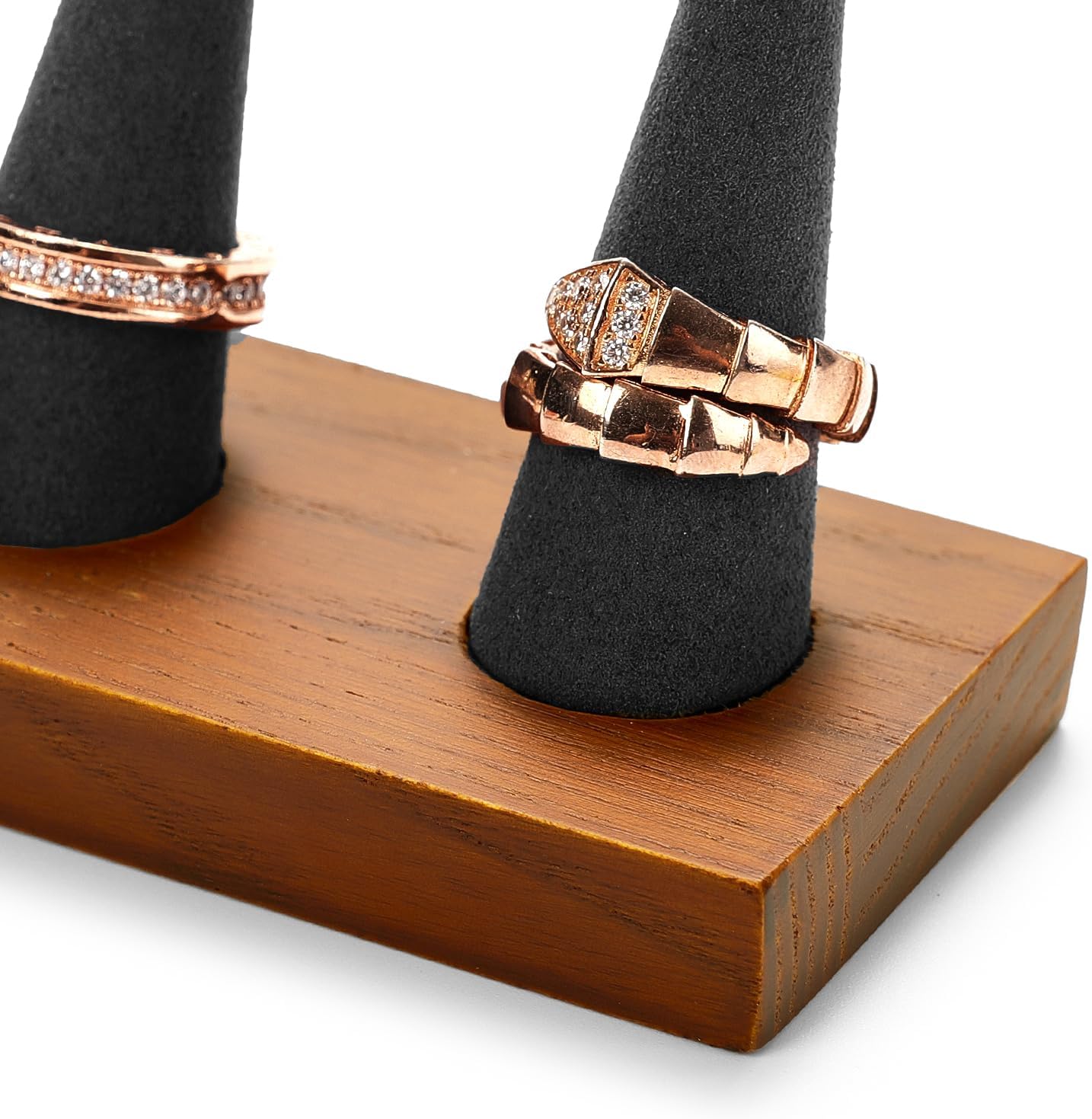 Oirlv Natural Solid Wood 3-Ring Jewelry Display Stand Grey Ring Organizer Holder
