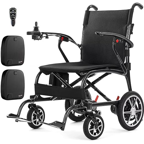 25.5 lbs Lightweight Electric Wheelchair for Adults, Ultra-Light Carbon Fiber Foldable Power Wheelchair with Dual Batteries and Remote Control, Portable Airline-Approved Travel Chair