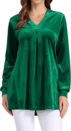 Seta T Womens Velvet Top V Neck Long Sleeves Solid Casual Tunic Blouse Loose T-Shirt