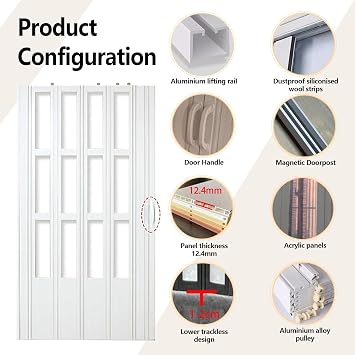 32X80in White PVC Accordion Door Interior Folding Door Multifold Retractable Sliding Bifold Doors For Interior, Privacy Room Divider((WxH) 24x80in/61x203cm)