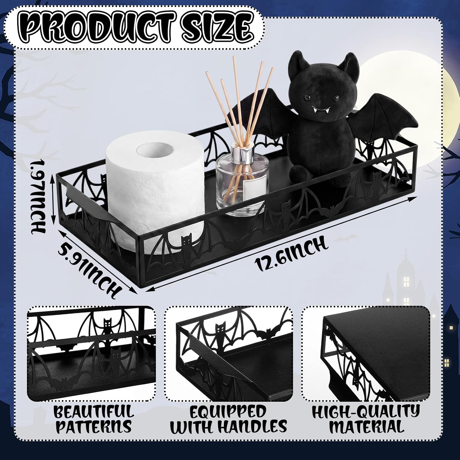 Mifoci Halloween Bat Toilet Paper Basket, 12.6'' Metal Toilet Tank Tray