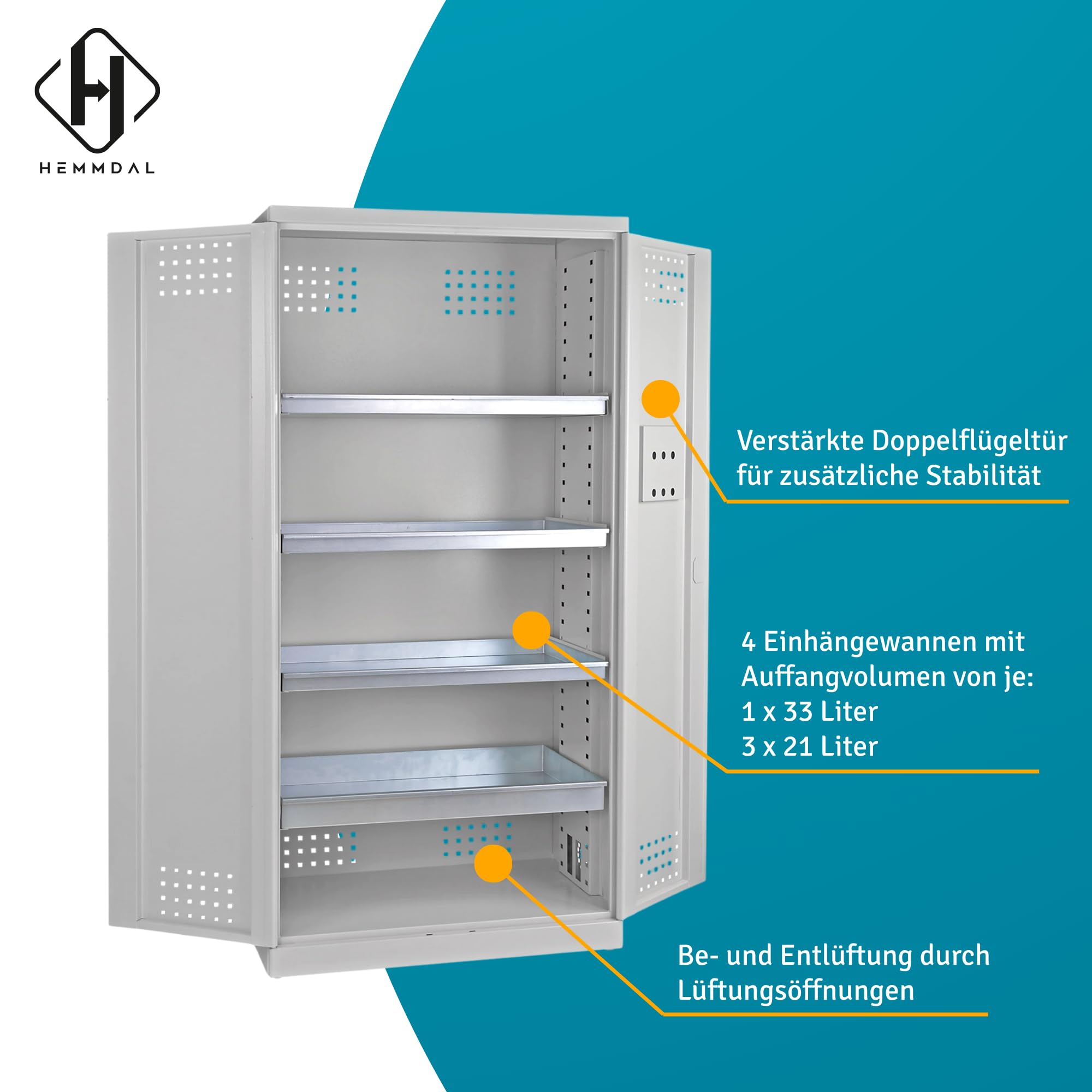 HEMMDAL Gefahrstoffschrank aus Stahlblech mit 4 Auffangwannen | HxBxT 192 x 92 x 58 cm | 40 kg Boden Tragkraft | Chemikalien- und Pflanzenschutzmittelschrank mit Sicherheitsverschluss | Made in EU