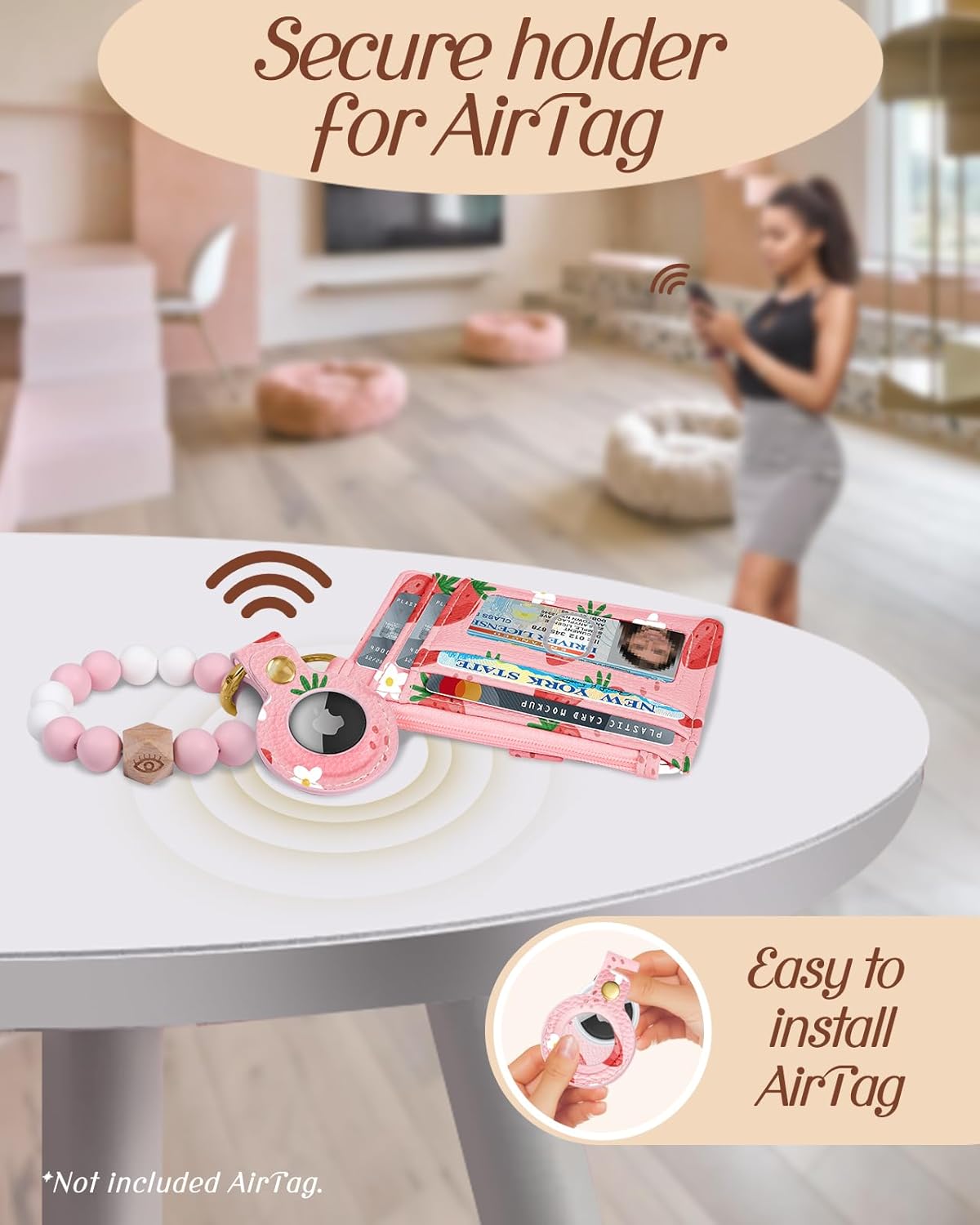 Wallet Keychain Wristlet for Women with AirTag Holder - Cute Design Credit Card Holder Wallets Key Chain Ring Slim Small RFID Air Tag Coin Pocket Purse for Ladies Teen Girls,Strawberry - Image 2