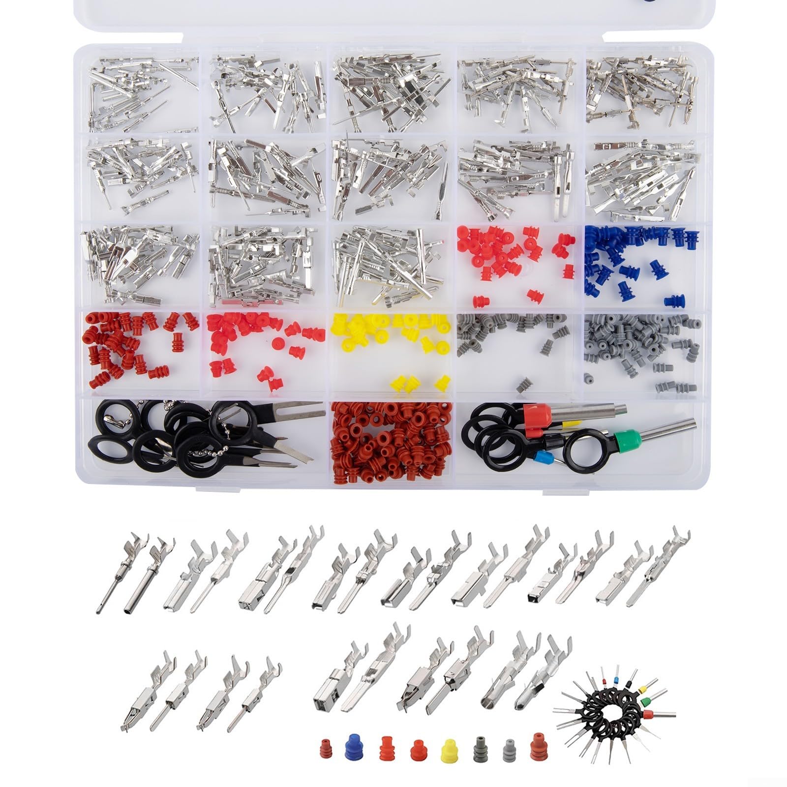 500-Piece Automotive Electrical Connector Pins Kit with 260 Terminal Pins (1/1.5/1.8/2.2/2.8/3.5 mm) + 240 Wire Seals & 18-Piece Removal Tool Set