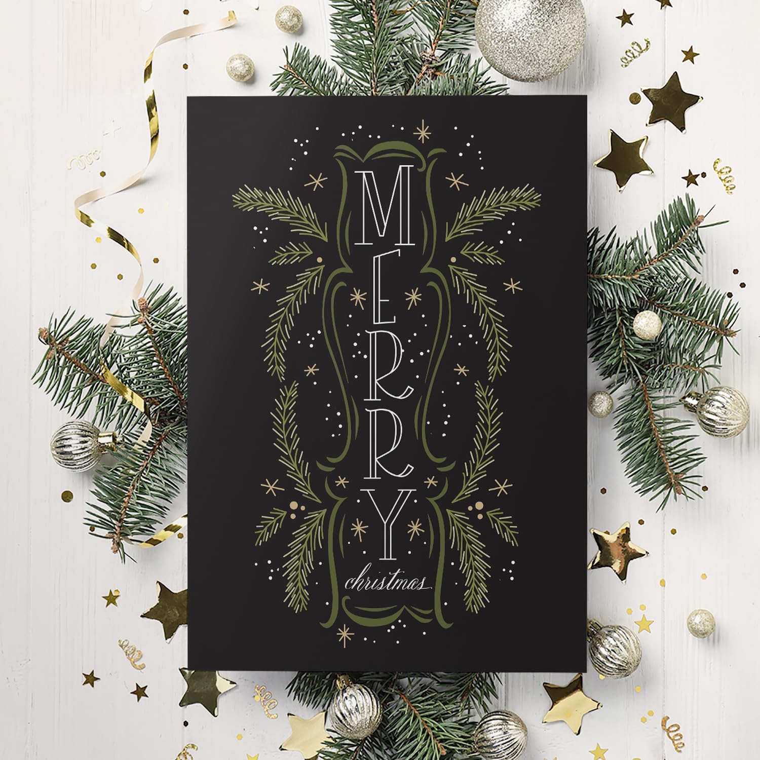 Canopy Street Christmas Pines Typography Cards / 24 Holiday Cards With White Envelopes / 5'' x 7'' Winter Greeting Cards / 3 Festive Designs With Inside Verses/Made In The USA