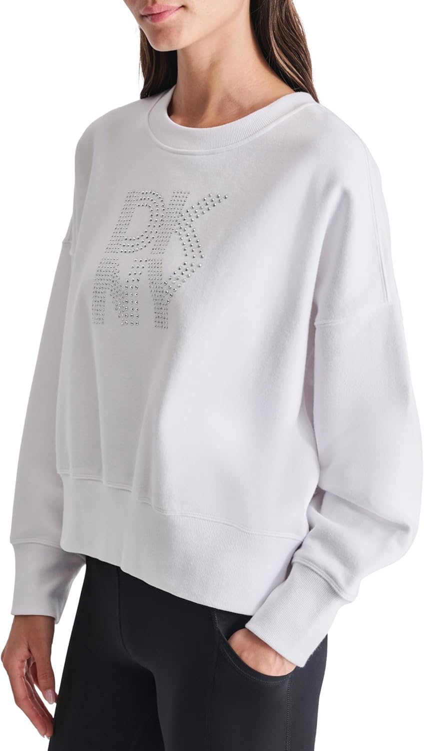 DKNY womens Studded Logo Cropped Crewneck Fleece Sweatshirt - Image 3