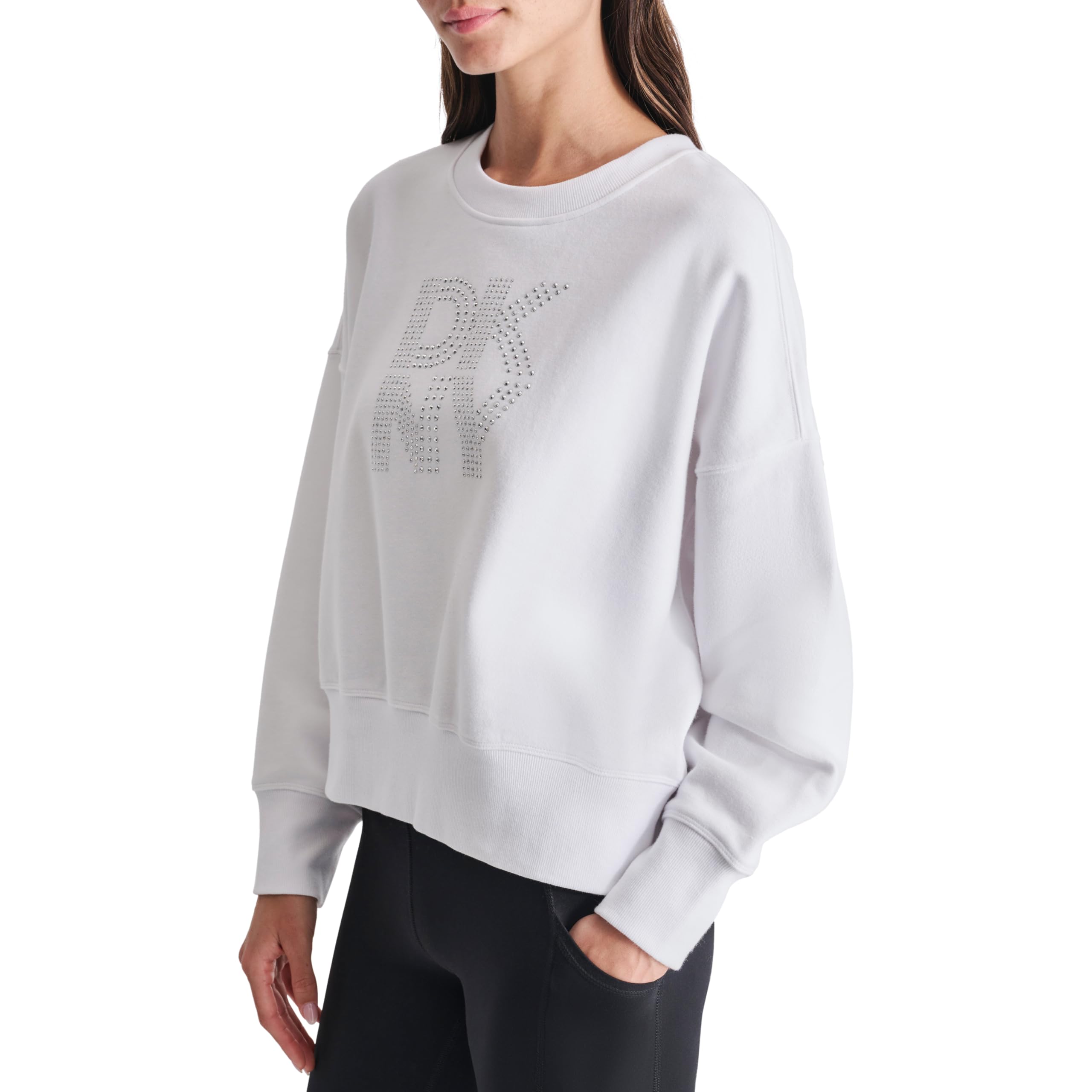 DKNY Studded Logo Cropped Crewneck Fleece Sweatshirt Sudadera para Mujer