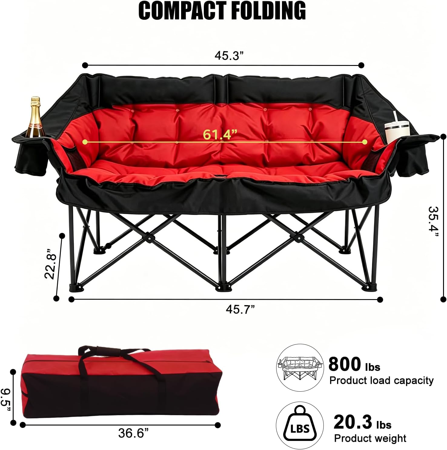 QUYUAN Double Seater Camping Chair, Padded Loveseat Chair for 2 Person, Oversized Heavy Duty Folding Camp Chairs, Camping Couch for Tailgating, RV Travel, Beach Days, Outdoor Sofa (Black & Red)