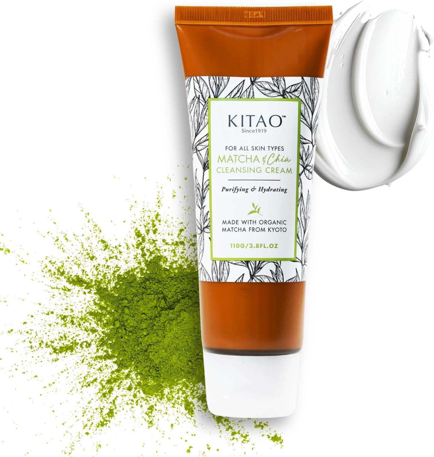 KITAO Matcha Facial Cleanser, Organic Cream Makeup Remover 3.8 Fl Oz | with ECOCERT Matcha & Superfoods, Gentle Makeup Removal for Sensitive Skin, Face Cleanser for Dry Skin, Made in Japan