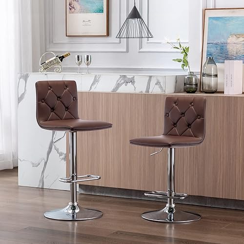 Miniatura 2 de Brage Living Taburetes de bar ajustables copetudos, modernos taburetes de bar giratorios de piel sintética con respaldo, sillas de bar de altura de