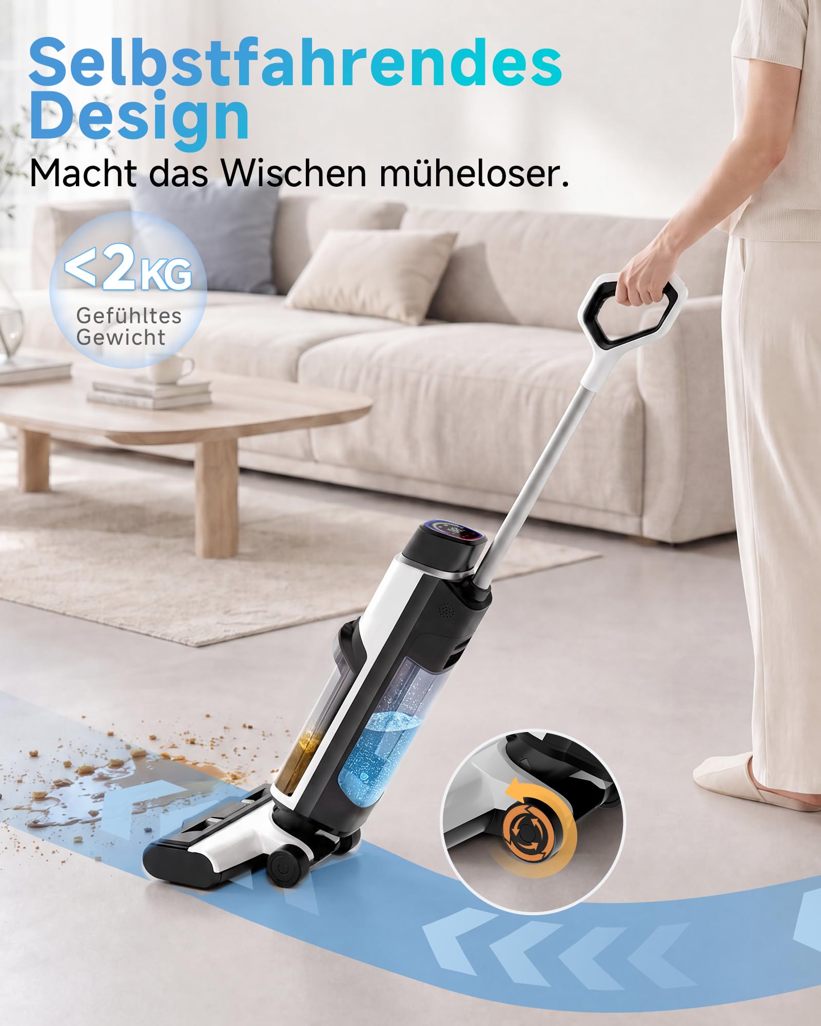 Hearten Nass Trockensauger, 25 kPa, mit Wasserelektrolyseur zur Desinfektion, Selbstreinigung, Sprachansage, Randreinigung, LED-Display, Bürstenloser Motor, Geräuscharm, Haushalte
