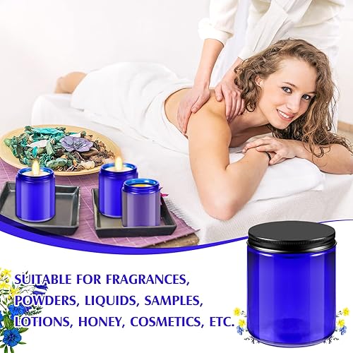 Miniatura 4 de Lallisa 32 tarros de vidrio azul cobalto de 8 onzas con tapas de metal negro, tarros redondos pequeños para cosméticos, recipientes de vidrio