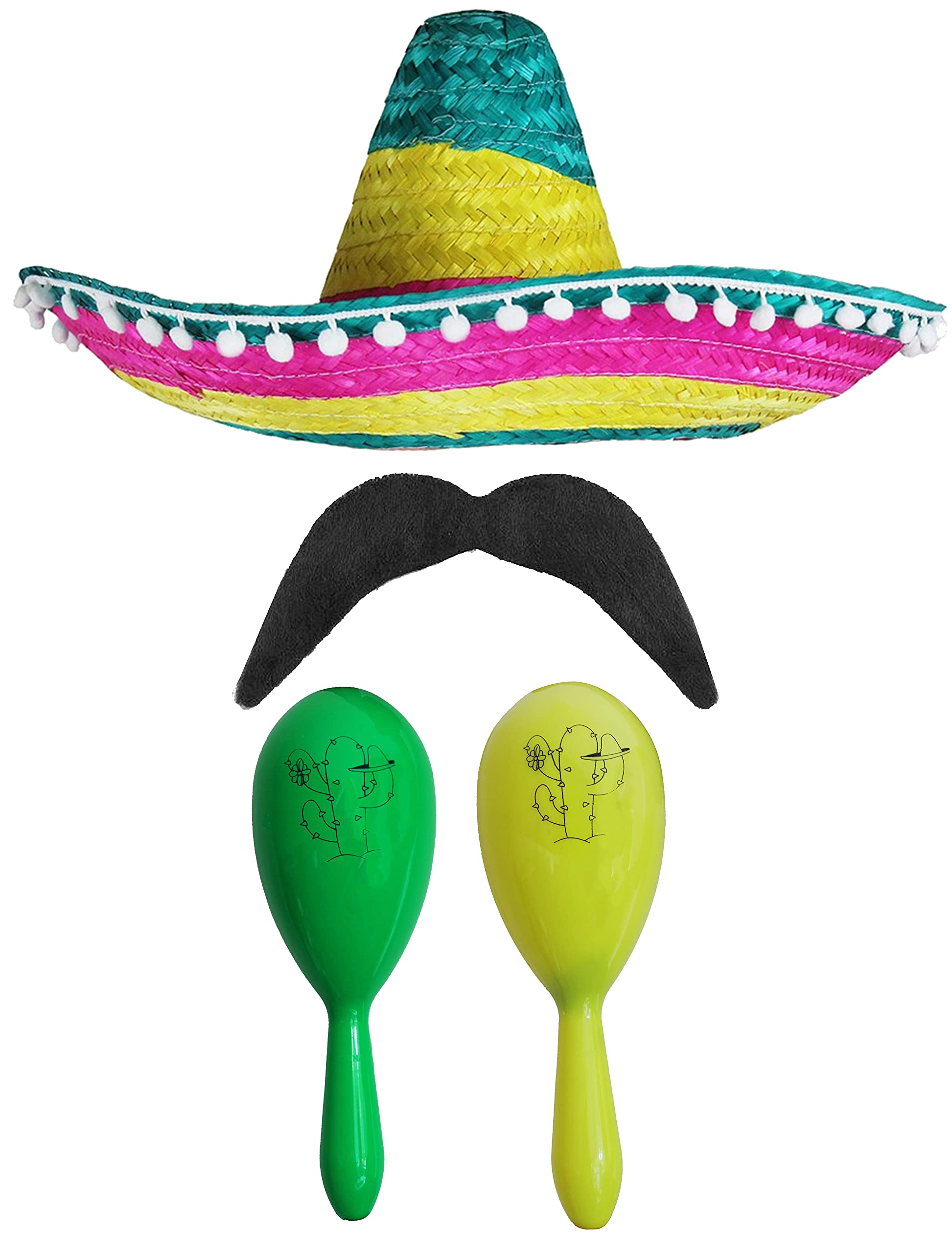 Adults Mexican Accessory Set - Multicoloured Mexican Sombrero, Green & Yellow Maracas, Moustache - Cinco de Mayo Sensorita Bandit Mariachi Fancy Dress Costume Accessory Set