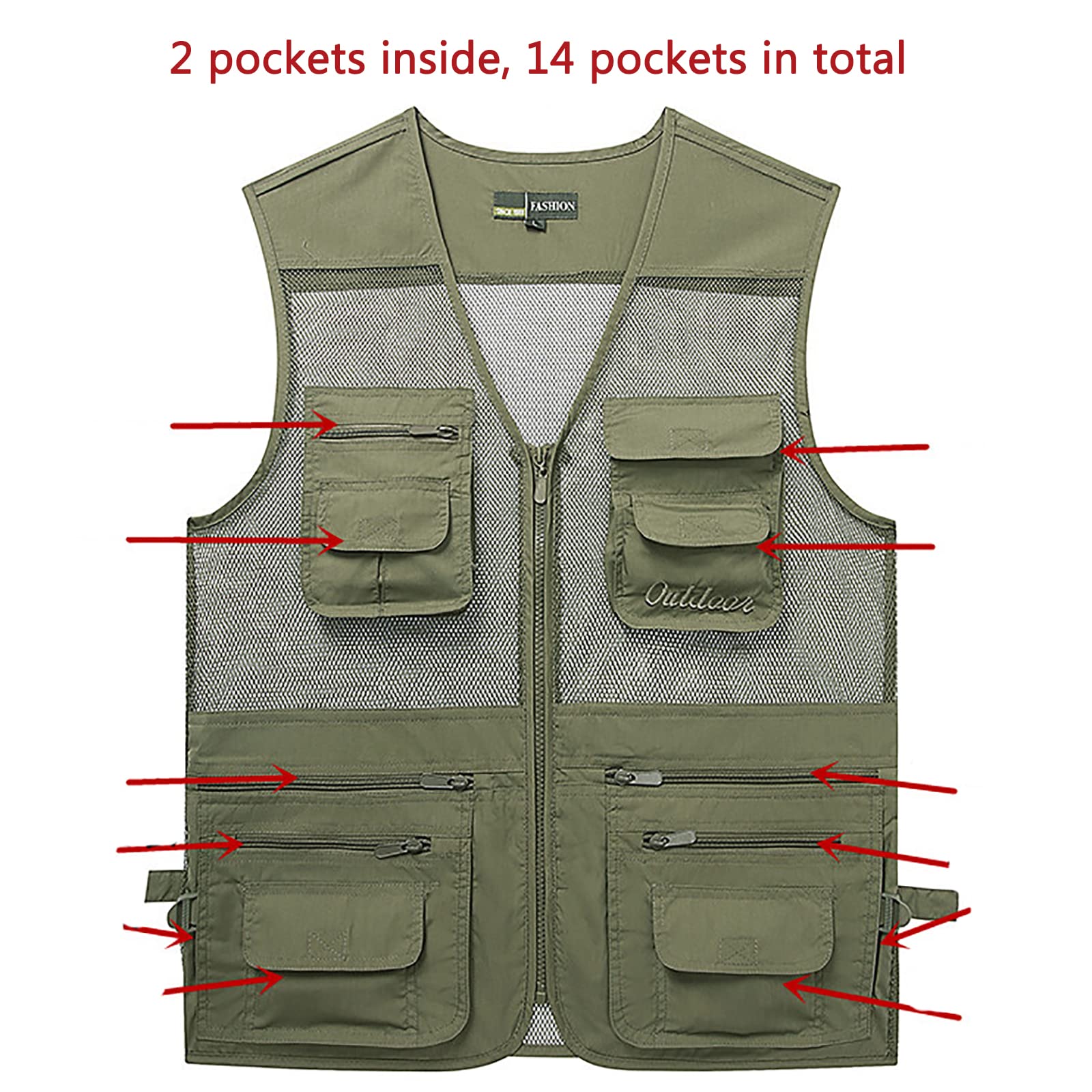 Hombres Chaleco de Pesca con Multibolsillo Secado Rápido para Caza Senderismo Fotografía Chaleco(Size:5XL,Color:Verde)