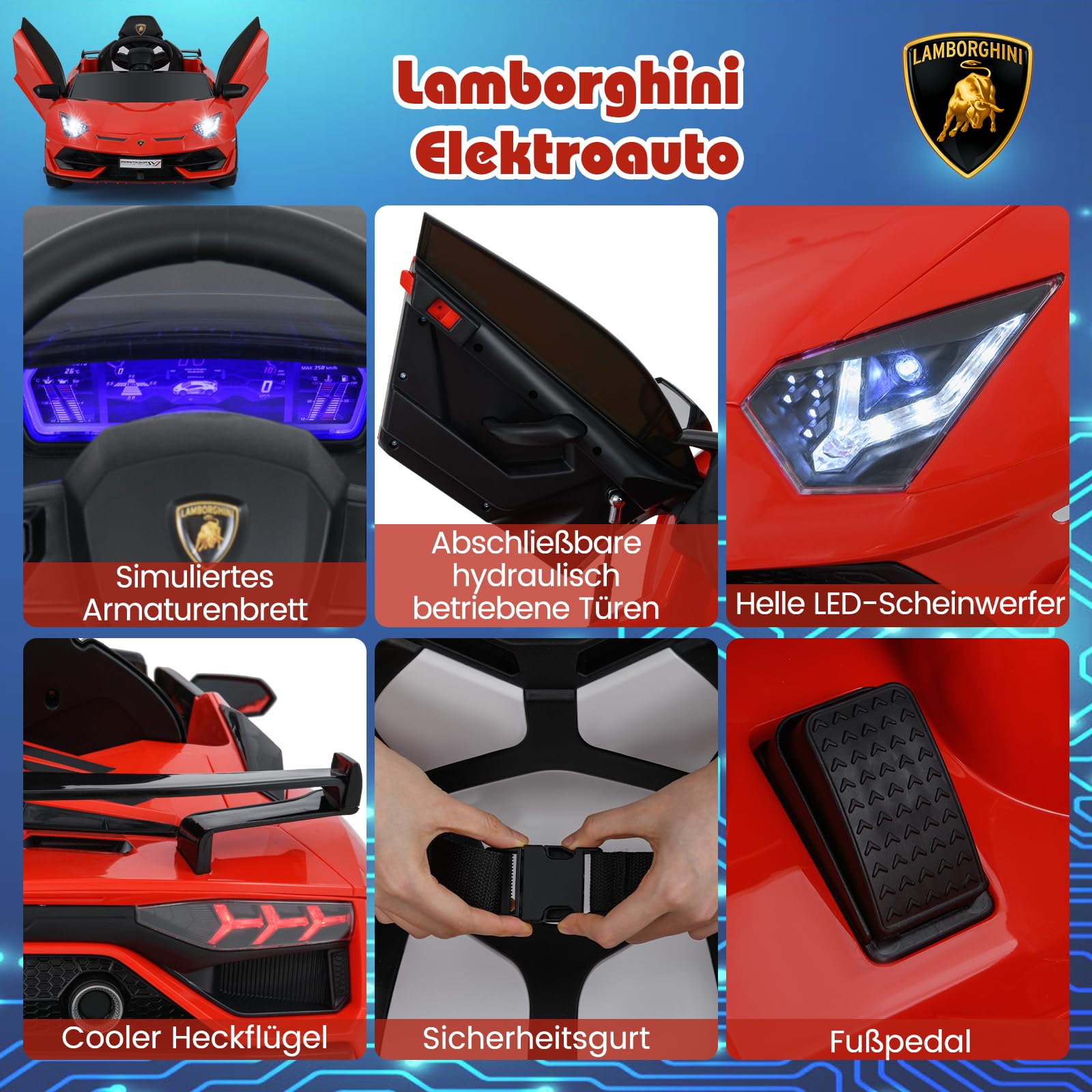 COSTWAY Lamborghini Elektroauto für Kinder, Kinderfahrzeug mit 2,4G Fernbedienung & LED Scheinwerfer & MP3-Player & Hupe & Musik, Elektrofahrzeug 3-5 km/h, Kinderauto für Kinder ab 3 Jahren (Rot)