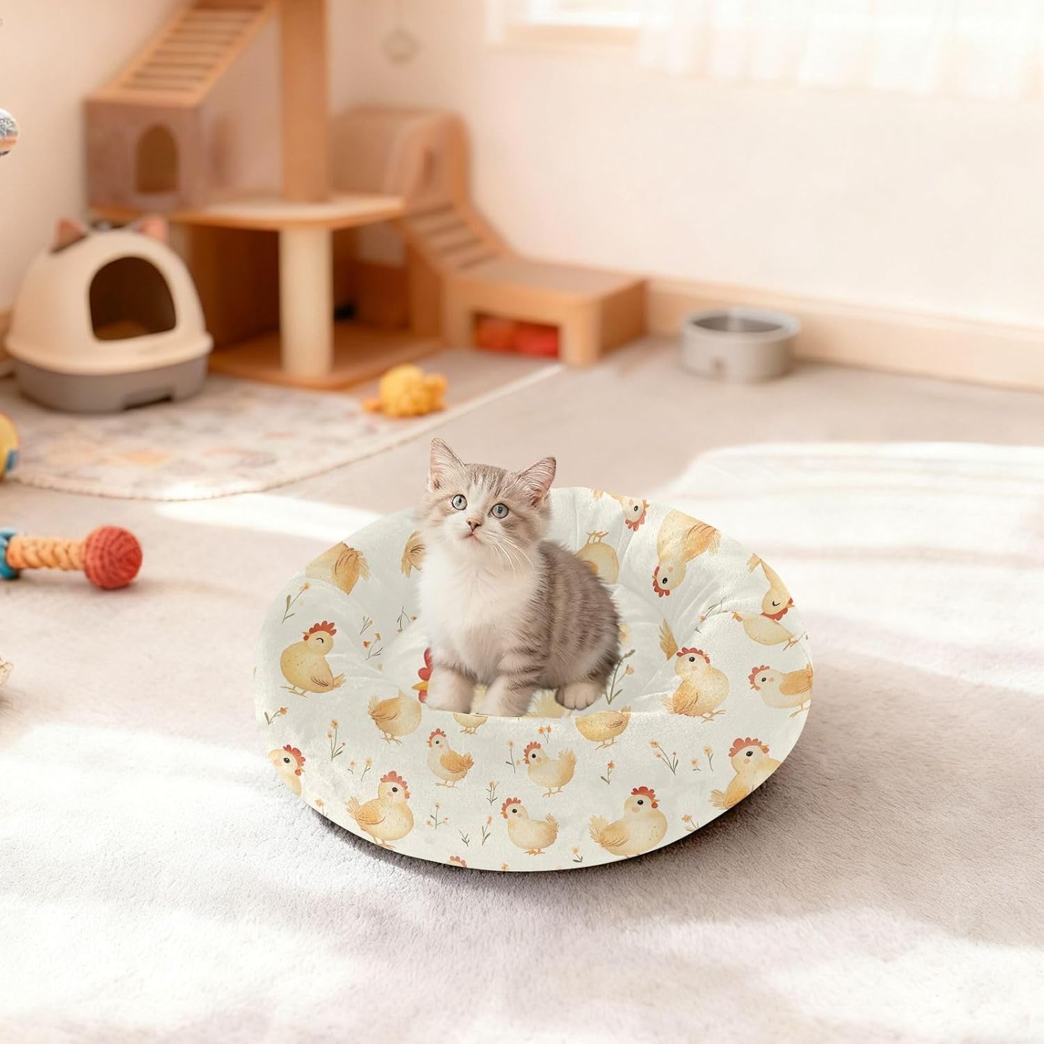 Wudan Pet Cat Beds Calming Anti Anxiety Fluffy Dog Pillow Bed for Small Size Pets Supplies M Cartoon Cute Chicken Beige