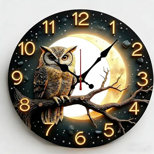 Moonlight Owl Wooden Wall Clock for Rustic Nature Decor, Night Forest Owl Art Wall Clock - Silent Non-Ticking Battery Operated Decorative Clock for Kitchen, Home, Bedroom, and Office (Inches, 12)
