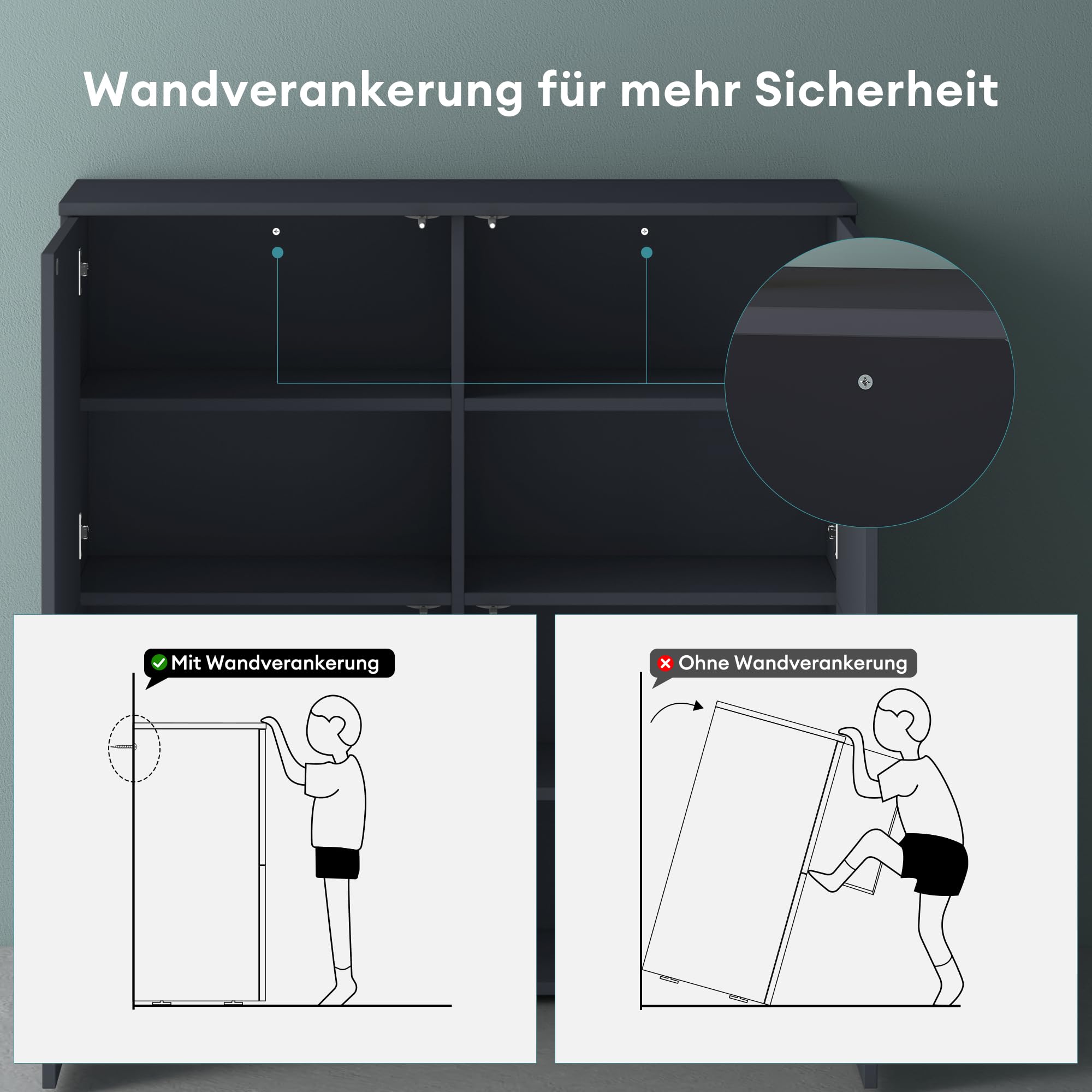 Mai & Mai Sideboard 100cm Kommode 4 Türen Soft-Close grifflos Stauraum | Kommodenschrank, Wohnzimmer Möbel, Flurschrank, bis zu 8 Staufächer, Anthrazit matt, BxTxH:100x36,4x98cm, Schrank04