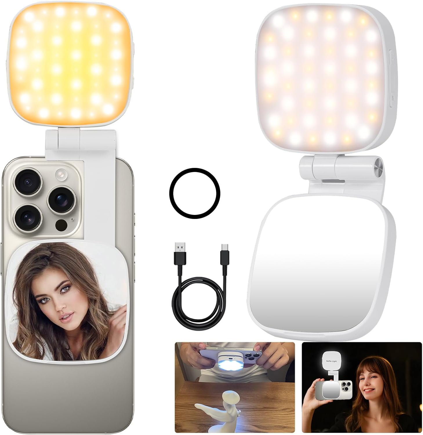 Magnetic Selfie Light Compatible with MagSafe iPhone, Multiple Folding LED Phone Photo Beauty Fill Ring Lighting with Mirror for Zoom Makeup Photography Recording Video Conference, (M27 White)