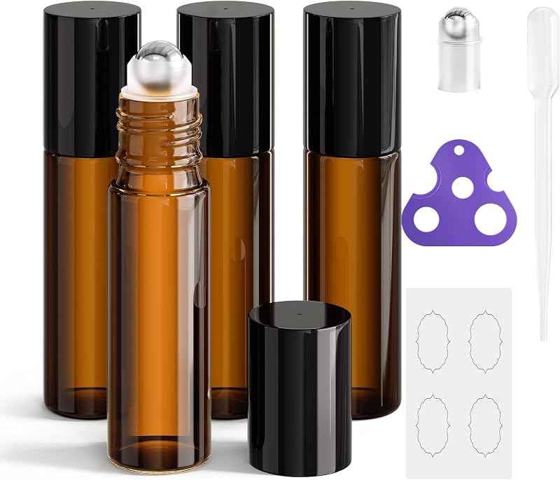 Frascos roll-on ULG de vidro âmbar, 10 mL, com 4 unidades