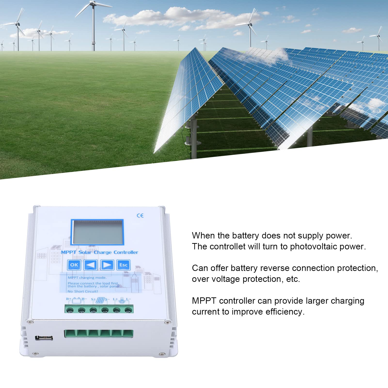 Kontroler baterii słonecznej MPPT 40A 12V 24V |Automatyczne stabilne zasilanie i bateria |Wydajny regulator energii słonecznej dla pojazdów kempingowych / domu / poza siecią |Stop