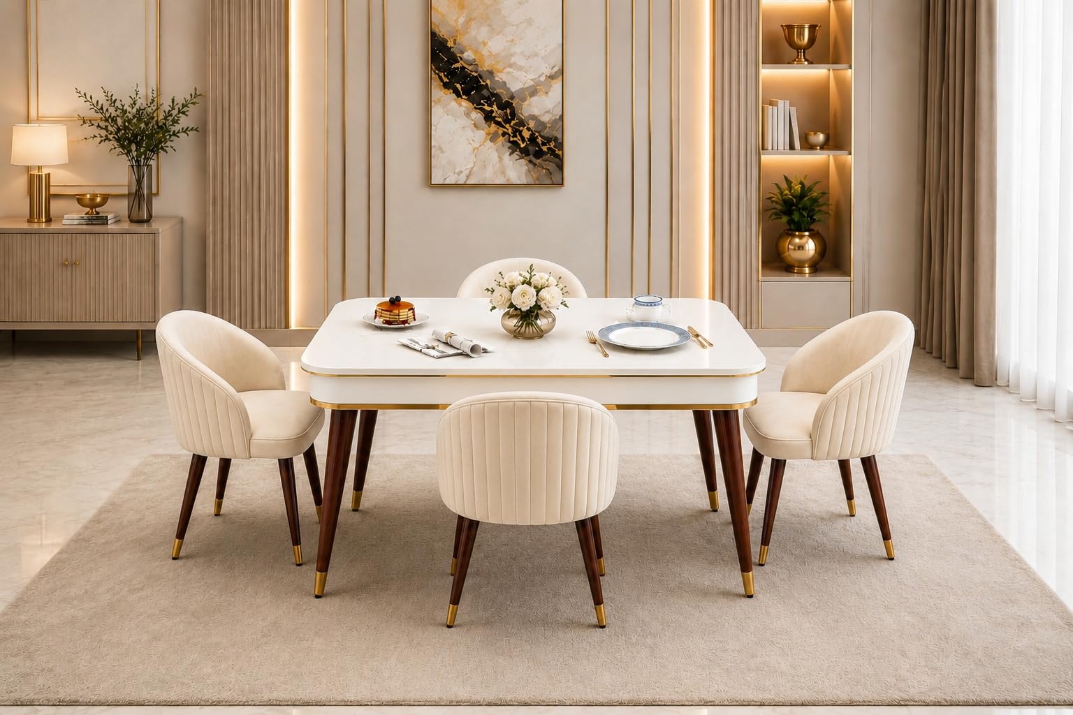 WOODEN SPACE Majestic 4 Seater Wooden Dining Table Set | Urban Marble Top Dining Table with Chairs for Dining Room & Kitchen (Beige)-image-10