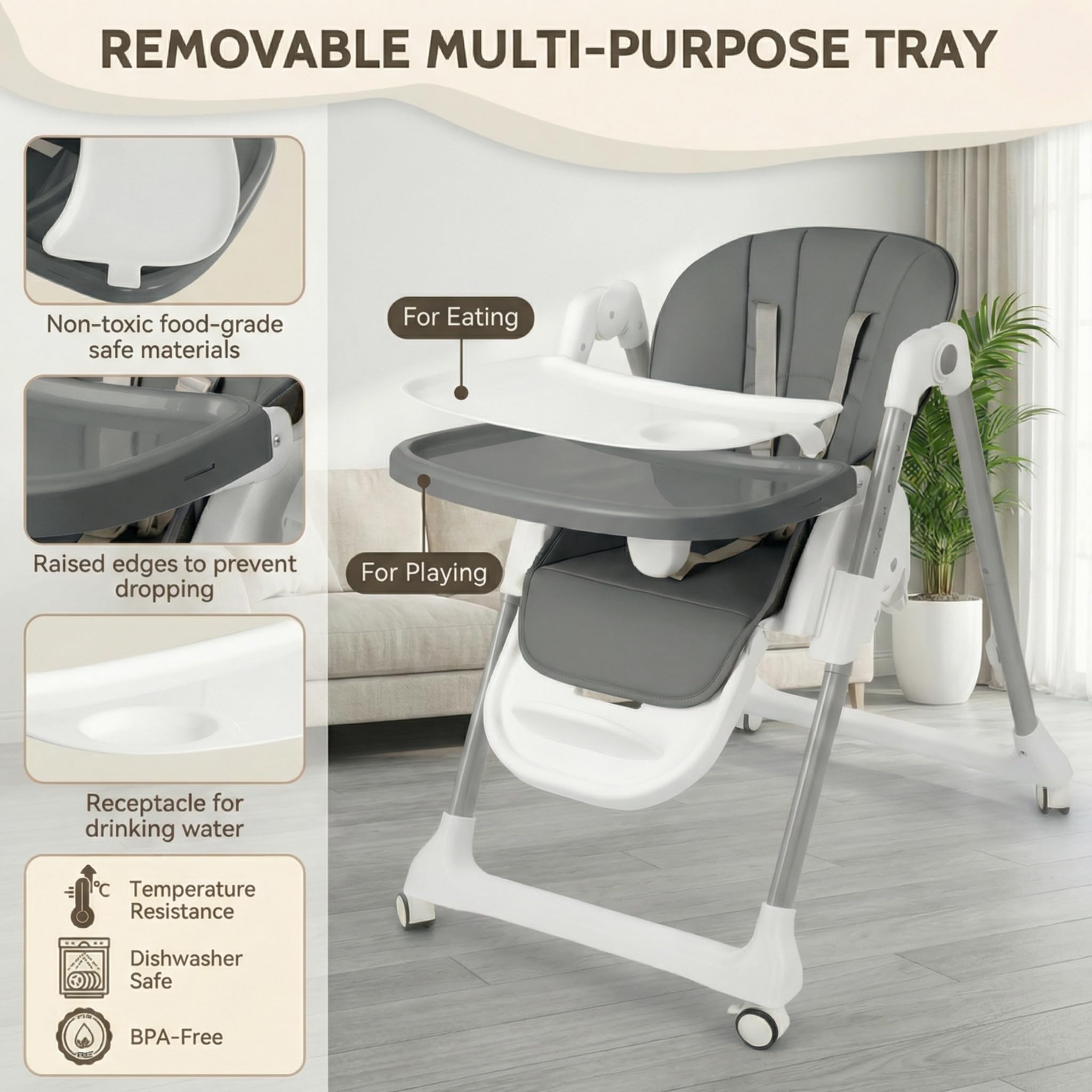 Trona para bebé, trona con cinturón de seguridad de 5 puntos, altura regulable, respaldo ajustable en 4 posiciones, trona combinada, reposapiés ajustable, mesa ajustable, plegable, gris