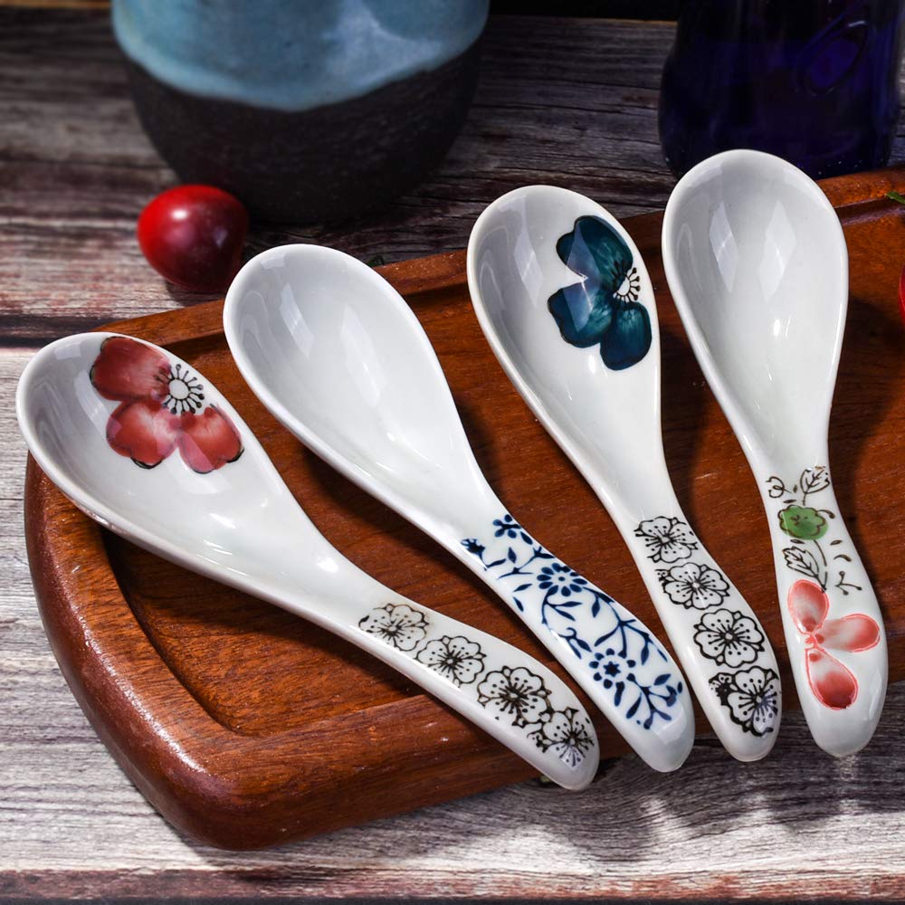 Set Di 4 Cucchiai Da Zuppa Asiatici In Ceramica Con Manico Lungo - Stile Retrò Giapponese Per Ramen, Wonton, Noodles, 16,2cm