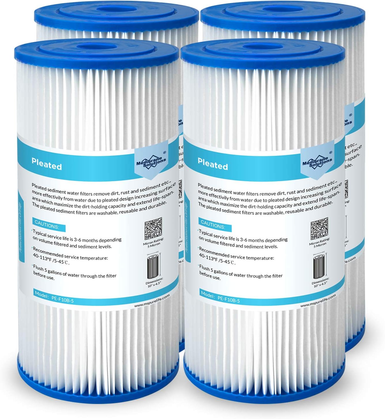 Membrane Solutions 5 Micron Pleated Water Filter Home 10"x4.5" Whole House Heavy Duty Sediment Replacement Cartridge Compatible with ECP10-1,ECP20-BB,R50-BBSA,FXHSC,CB1-SED10-BB (4 Pack)