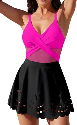 Eagerbuy Women One Piece Tummy Control Swimsuit with Cutout Skirt Bathing Suit M