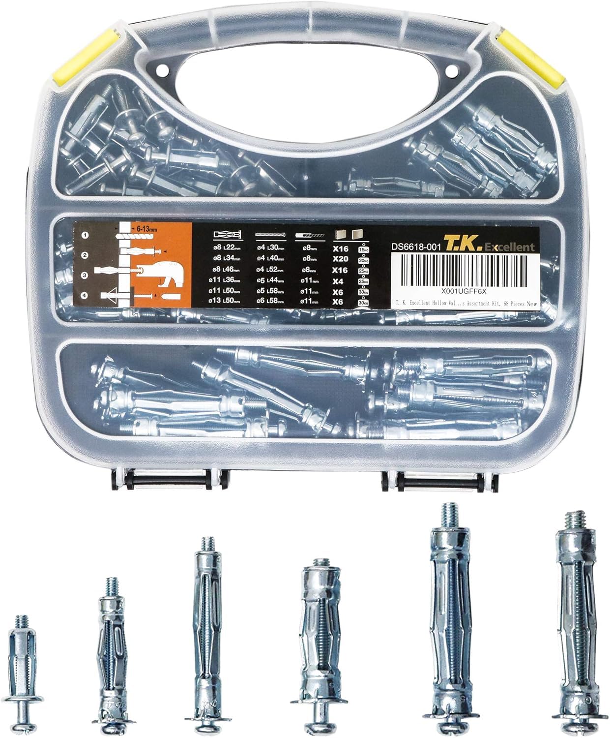 T.K.Excellent 68PCS Hollow Wall Metal Anchors Assortment Kit - Heavy Duty Expansion Plugs with Screws for Drywall Plasterboard Hollow Block - Load Capacity 15-30 kg - with Storage Box