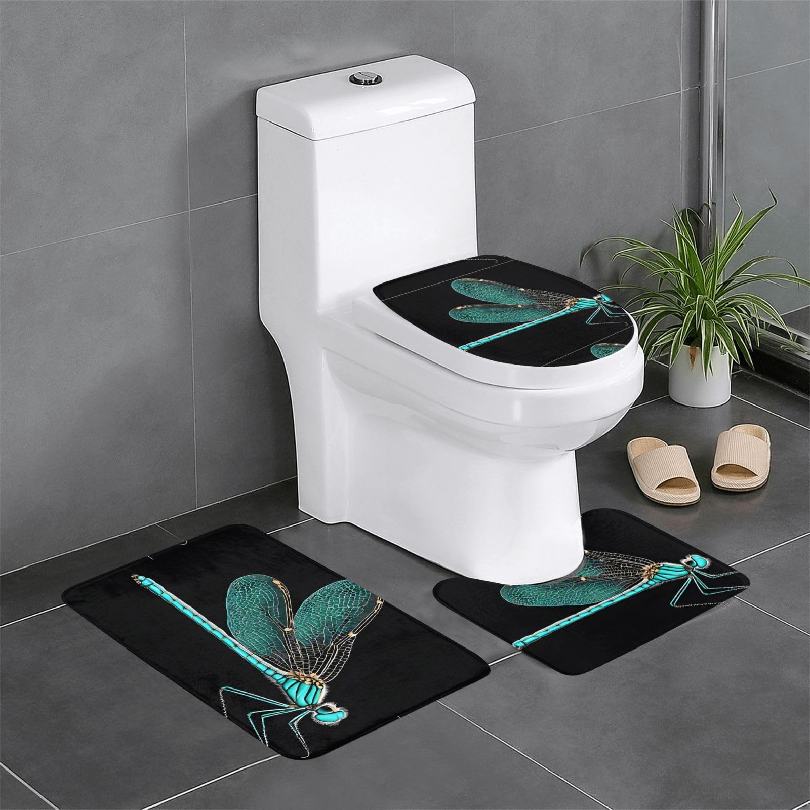 Tapis de bain libellule noire lavable pour éliminer l'humidité du sol de cuisine